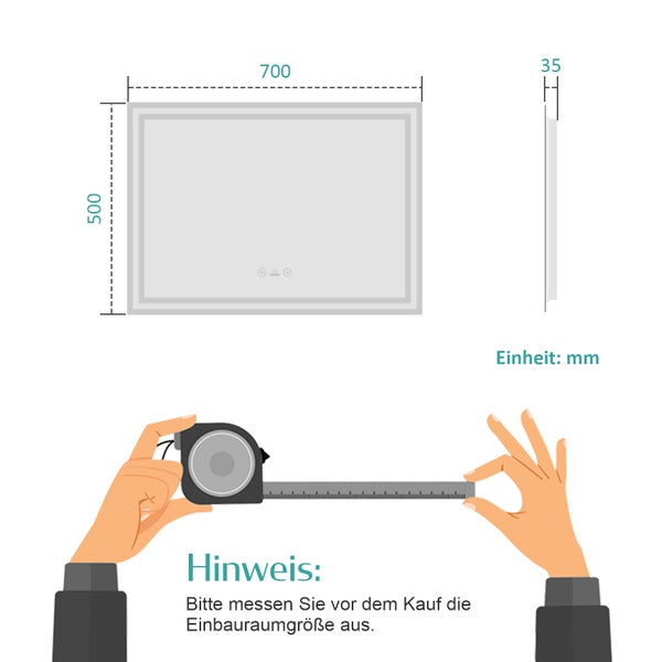 EMKE Badspiegel mit Beleuchtung 70 x 50 cm, Touch- & Sensorschalter, Anti-Beschlag, dimmbar, Warmweiß/Neutralweiß/Kaltweiß, 51 W, Aluminiumrahmen Weiß, flexibel montierbar, für Badezimmer