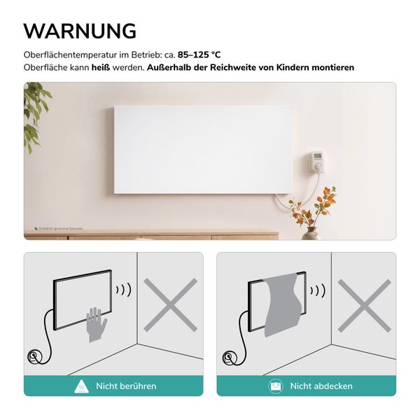 Sicherheitshinweise für Infrarotheizung mit Montageanleitung und Warnsymbolen gegen Berühren und Abdecken sowie Temperaturhinweis.