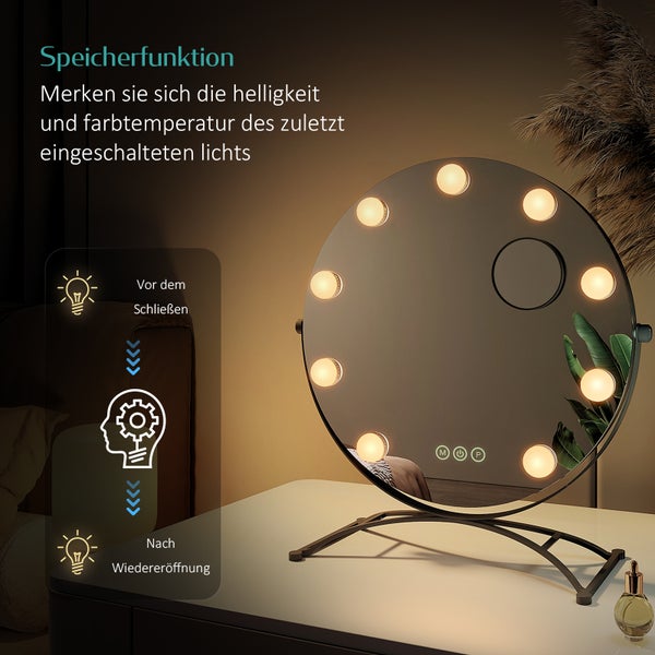 EMKE Hollywood Schminkspiegel Ø50 cm, LED-Tischspiegel mit 11 dimmbaren Leuchtmitteln, Touch-Funktion, 3 Lichtfarben, 7x Vergrößerung, Memory-Funktion, 360° drehbar, bohrfrei, Schwarz, für Schminktisch & Schlafzimmer