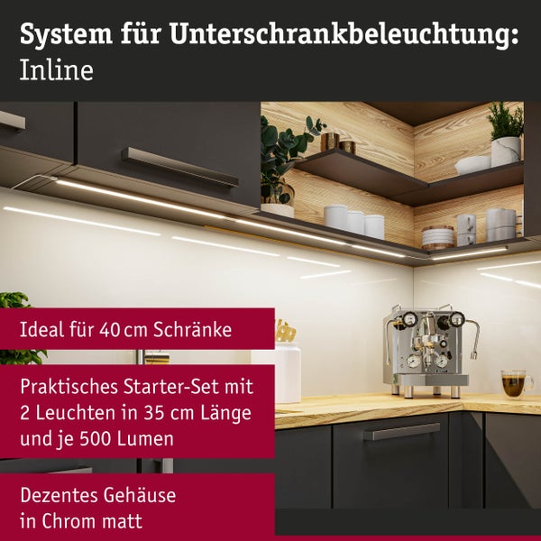 LED Unterschrankleuchte Inline Starterset 3000K dimmbar 2x4W 350x26mm 2x350lm 24V Chrom matt