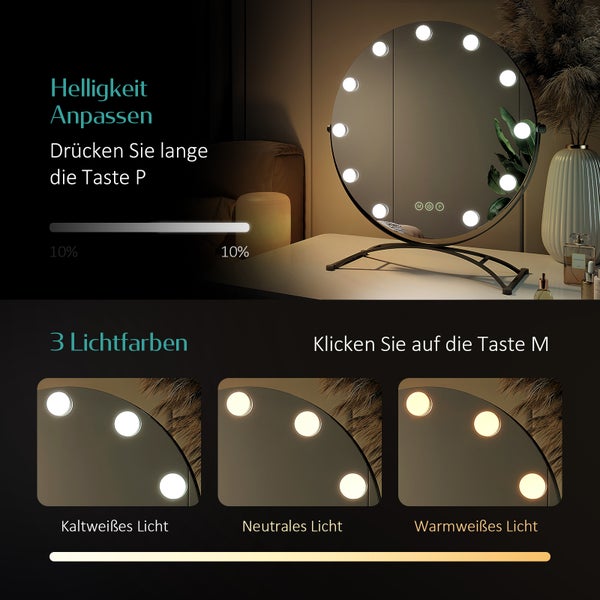 EMKE Hollywood Schminkspiegel Ø50 cm, LED-Tischspiegel mit 11 dimmbaren Leuchtmitteln, Touch-Funktion, 3 Lichtfarben, 7x Vergrößerung, Memory-Funktion, 360° drehbar, bohrfrei, Schwarz, für Schminktisch & Schlafzimmer