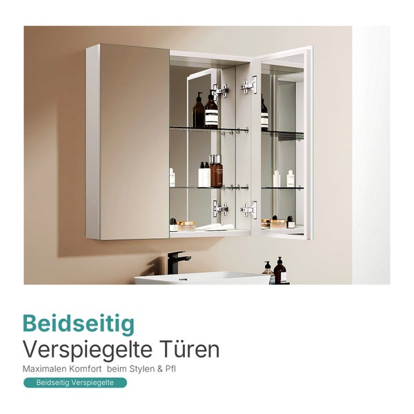 EMKE Spiegelschrank 60 x 65 cm, 2-türig, doppelseitige Spiegeltüren, mit Einlegeböden, Soft-Close, IP44, für Badezimmer, weiß
