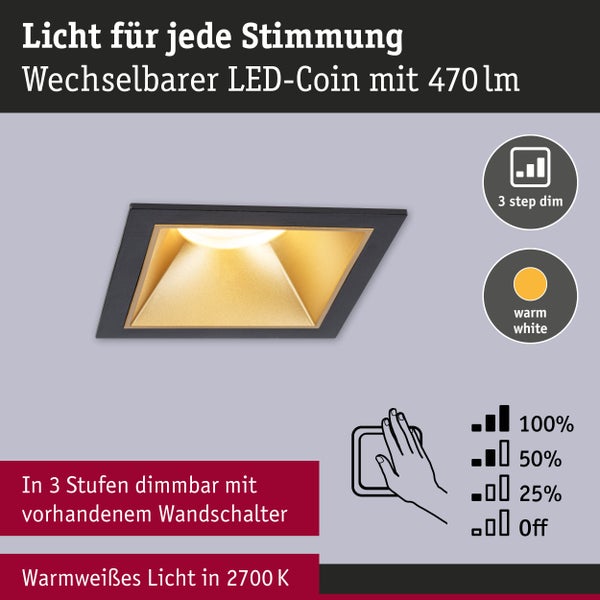 LED Einbauleuchte 3-Step-Dim Cole Coin 1er-Set IP44 eckig 88x88mm Coin 6W 470lm 230V dimmbar 2700K Schwarz, Gold matt