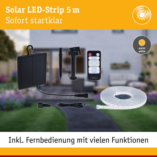 Solar LED Strip mit fünf Metern Länge, inklusive Fernbedienung, Erdspieß und Solarmodul