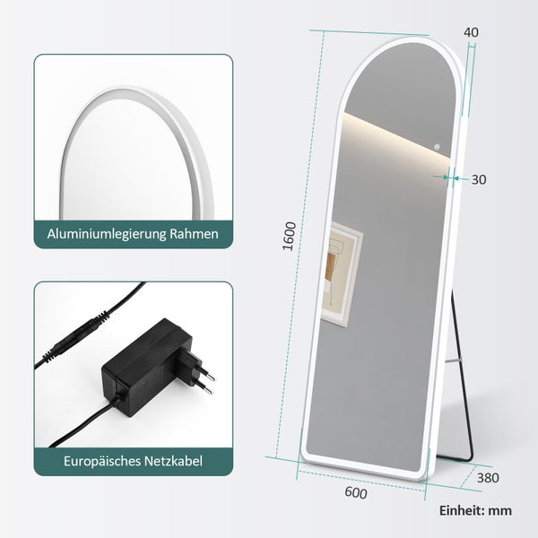 EMKE Bogen Standspiegel Ganzkörperspiegel mit Beleuchtung 3 Lichtfarbe Einstellbar Dimmbar, mit Rahmen aus Aluminiumlegierung für Wohn-,Schlaf-, Aufenthalt und Ankleidezimmer, Weiß, 160x60cm