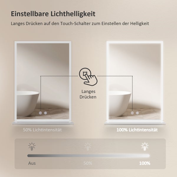 EMKE LED Badspiegel mit Ablage 70x50 cm, Kaltweiß, dimmbar, Touch-Schalter, Anti-Beschlag, mattierte Kanten, IP44, für Badezimmer geeignet