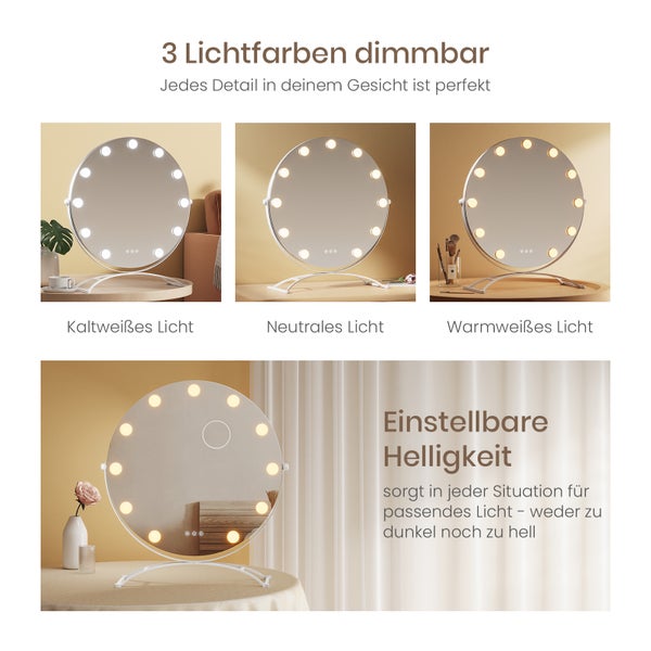 Runder Kosmetikspiegel mit einstellbarer Helligkeit und drei Lichtfarben