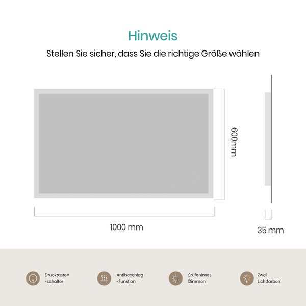 EMKE LED Badspiegel 100×60 cm, Warmweiß/Kaltweiß, seitlicher Kippschalter, beschlagfrei, IP44, mit mattiertem Rand, für Badezimmer