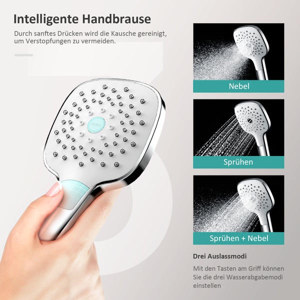 EMKE Thermostat-Duschsystem mit Brausegarnitur, Umsteller, Regendusche Ø 30 cm, Handbrause mit 3 Strahlarten, verchromt