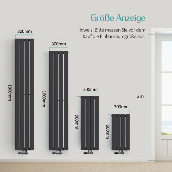 EMKE Heizkörper Flach Heizkörper Design Paneelheizkörper , Vertikal, Doppellagig,  1600x 300 mm,  557W Schwarz