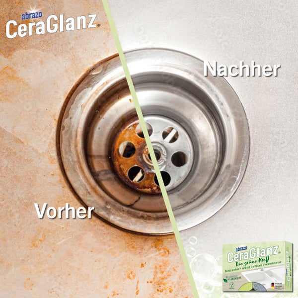 Vorher-Nachher-Vergleich einer verschmutzten und einer mit abrazo CeraGlanz gereinigten Küchenspüle aus Edelstahl.