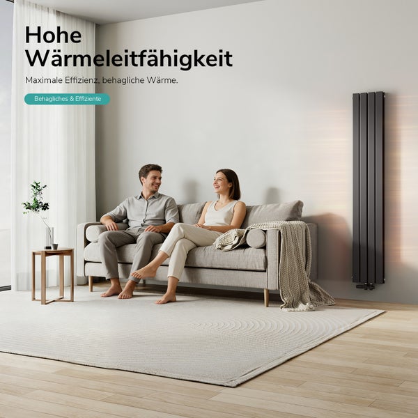 EMKE Designheizkörper Vertikal 180 x 30 cm 1082 W Paneelheizkörper mit Mittelanschluss Doppelblech Badheizkörper Schwarz