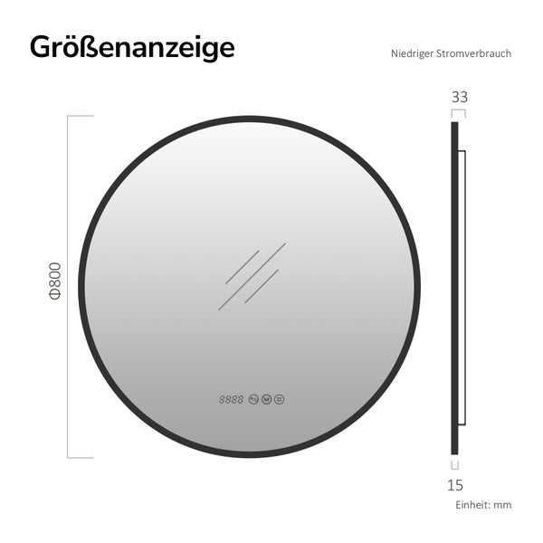 Maßzeichnung eines runden Badezimmerspiegels mit LED Beleuchtung, 800 Millimeter Durchmesser und 33 Millimeter Tiefe.