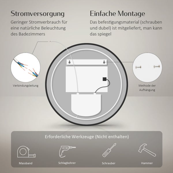 EMKE LED Badspiegel Ø60 cm, 4300K Neutrales Licht, Antibeschlag, Dimmbar, Schwarzer Rahmen, Uhr, Temperaturanzeige, für Badezimmer
