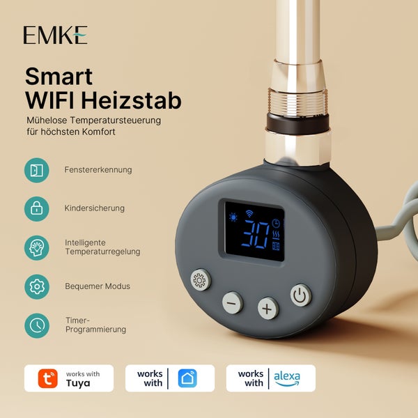 EMKE Smart WLAN Heizstab zur mühelosen Temperatursteuerung mit Fenstererkennung, Kindersicherung, intelligenter Temperaturregelung, komfortablem Modus, Timer Programmierung und Kompatibilität mit Tuya und Alexa