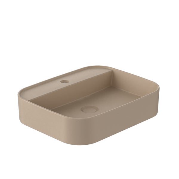 EMKE Waschtisch Keramik Matt-Beige, 50 x 40 cm, Wand- und Aufsatzwaschbecken, Waschbecken mit Hahnloch, R-Kantenschutz, für Badezimmer