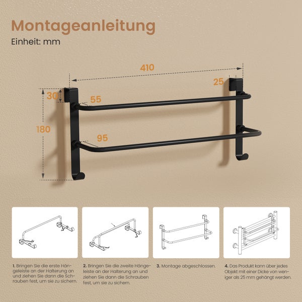Montageanleitung einer schwarzen Türgarderobe mit Maßangaben in Millimeter