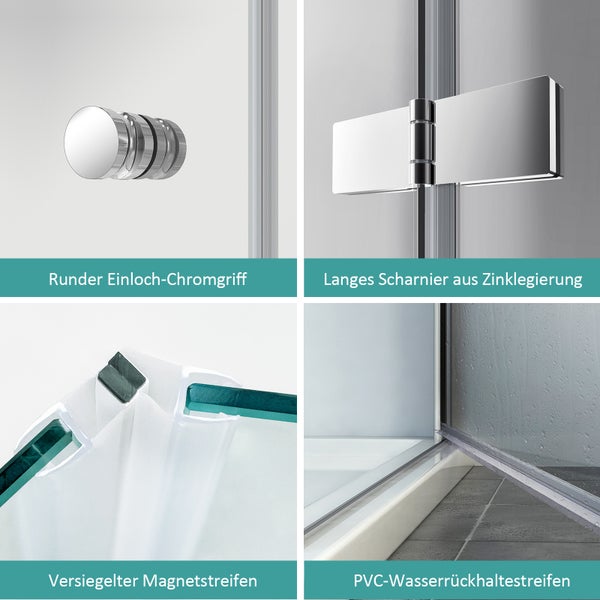EMKE Duschkabine Eckeinstieg 75 x 120 cm, Falttür, 6 mm ESG-Sicherheitsglas beidseitig Nano-beschichtet, Hebe-Senk-Mechanismus, Chrom, Höhe: 185cm
