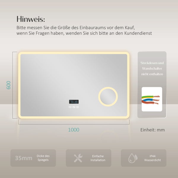 EMKE Smart LED Badspiegel 100x60 cm, 3 Farbtemperaturen, dimmbar, Touch, Anti-Beschlag, 3x Vergrößerung, Bluetooth 3-Tasten, horizontal, IP44, für Bad