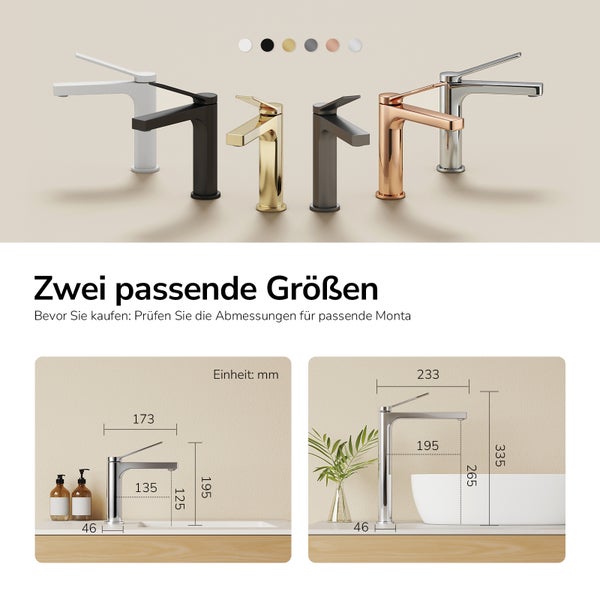 Verschiedene Ausführungen des Wasserhahns mit Maßangaben