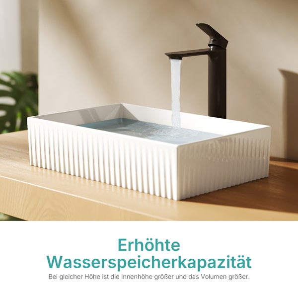 Rechteckiges Aufsatzwaschbecken mit Wasserhahn und erhöhtem Wasserspeichervolumen