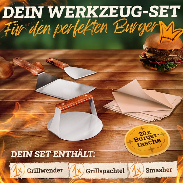 LIKAYA® Burger Smasher & Grillspachtel Set [4-tlg.]  Edelstahl mit Akazienholz-Griff für Plancha, Grillplatte, Gasgrill & Feuerplatte | 1x Smasher, 1x Spachtel, 1x Wender & 20x Burgerpapier
