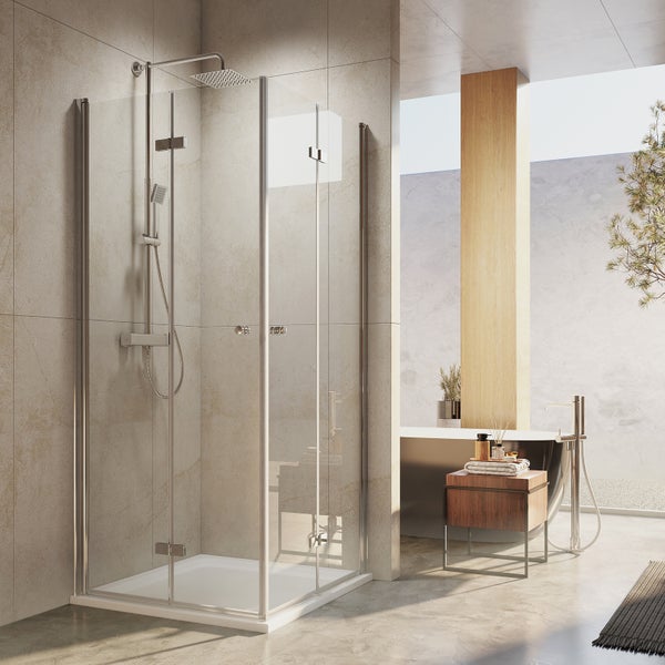 EMKE Eckdusche Duschkabine Eckeinstieg höhe 185cm Duschwand, BxT: 80x120 cm, Duschabtrennung 6mm ESG Nano Glas Hebe-Senk Mechanismus Falttür Chrom