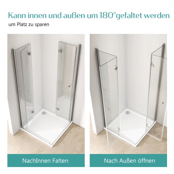 EMKE Duschkabine Eckeinstieg 75 x 120 cm, Falttür, 6 mm ESG-Sicherheitsglas beidseitig Nano-beschichtet, Hebe-Senk-Mechanismus, Chrom, Höhe: 185cm