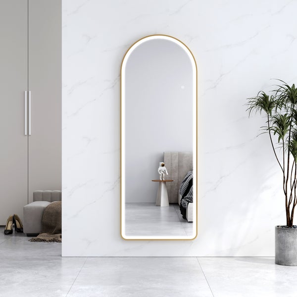 EMKE Bogen Standspiegel, Ganzkörperspiegel mit LED-Beleuchtung, 3 einstellbare Lichtfarben und dimmbar, Aluminiumrahmen in Gold, 160 x 60 cm, ideal für Wohn-, Schlaf-, Aufenthalts- und Ankleidezimmer