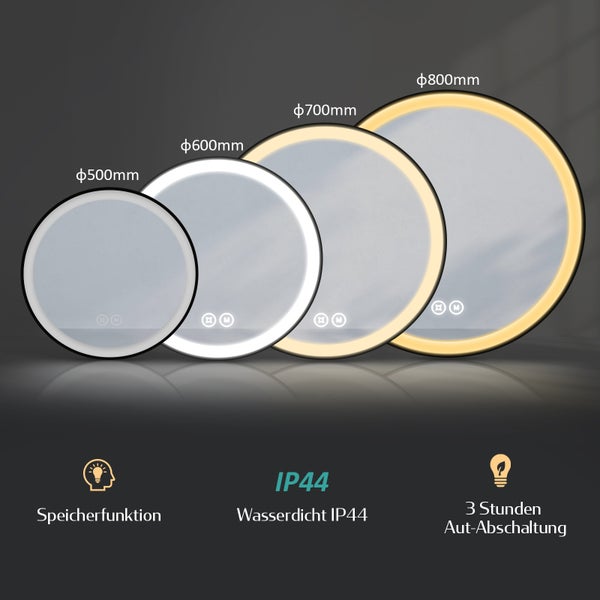 EMKE LED Badspiegel rund Ø70 cm, 3 Farbtemperaturen & Helligkeit einstellbar, Anti-Beschlag, Touch-Schalter, schwarzer Rahmen mit Deko-Aufhängung, IP44, zur Wandmontage, für das Badezimmer geeignet
