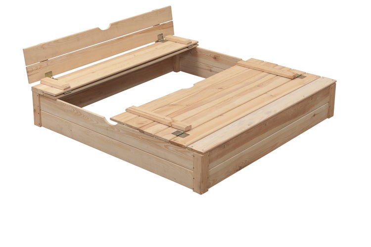 Holzsandkasten mit teilweise geschlossenem Deckel und Rückenlehne