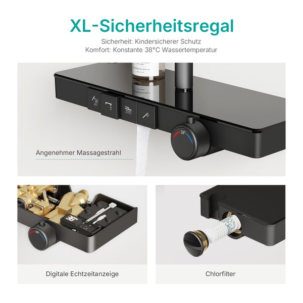 EMKE Duschsystem Thermostat, 4 Auslässe mit Rainfall-Kopfbrause, Handbrause & Kinderbrause, Wannenauslauf, digitales Display, Vorlauf-Funktion, Ablage & Entchlorung, Schwarz