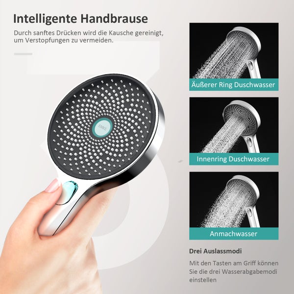 EMKE Duschsystem Duschset mit Theramostat Regendusche und 3 Strahlarten Handbrause,38℃ Thermostat Duschsäuleset Duschgarnitur, Freie Winkel- und Höhenverstellung