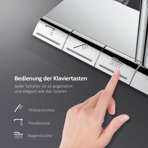 EMKE Duschsystem mit Thermostat Duschset Duschsäuleset mit Brausestange, Handbrause mit 3 Strahlstärken, Regendusche, Chrom