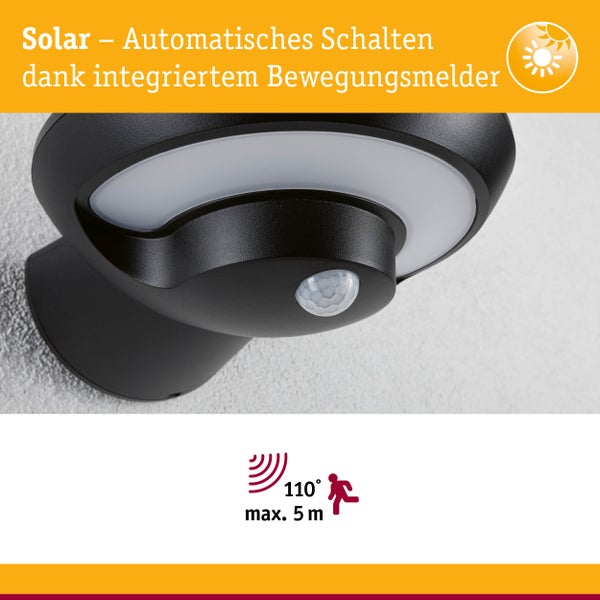 Solar LED Außenwandleuchte Bordola Dämmerungsgesteuerter Bewegungsmelder (IR) IP44 180x211mm 3000K 3,5W 220lm 3,7V Anthrazit Kunststoff