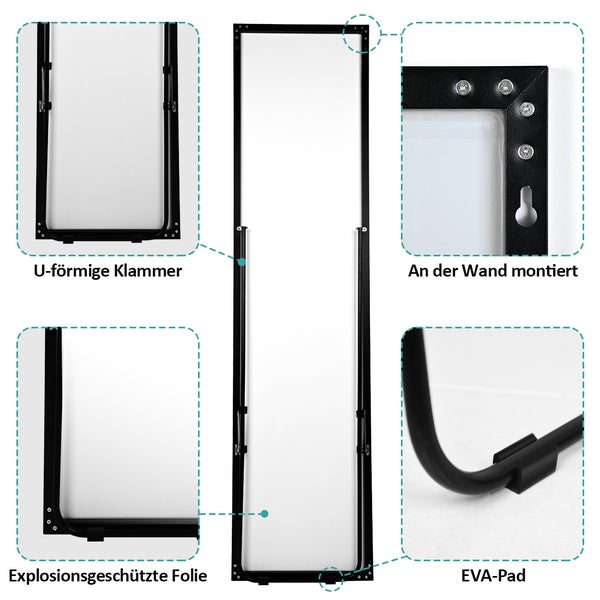 EMKE Standspiegel mit Rahmen aus Aluminiumlegierung, 160x40cm HD Groß Ganzkörperspiegel mit Haken, Rechteckiger Hochspiegel für Wohnzimmer oder Ankleidezimmer Schwarz