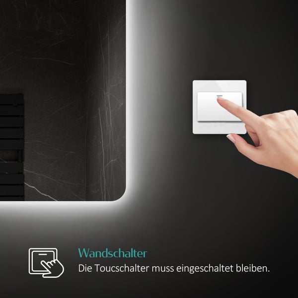 EMKE Badspiegel mit Beleuchtung 80 x 60 cm, Kaltweiß, Rückbeleuchtung, dimmbare Helligkeit, Touch-Schalter, horizontal/vertikal montierbar, IP44, für Bad