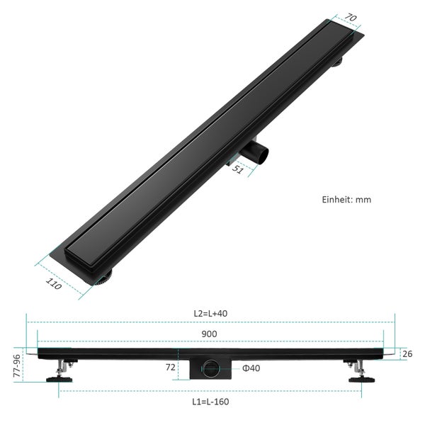 EMKE Duschrinne Edelstahl 2-in-1 Komplettse, 900mm, Befliesbar, Extra Flach, Schwarz mit Haarsieb und Siphon - Standardgröße Adapter 40/50mm, Einbauhöhe 77-96mm, Wasserdurchfluss 30L/Min.