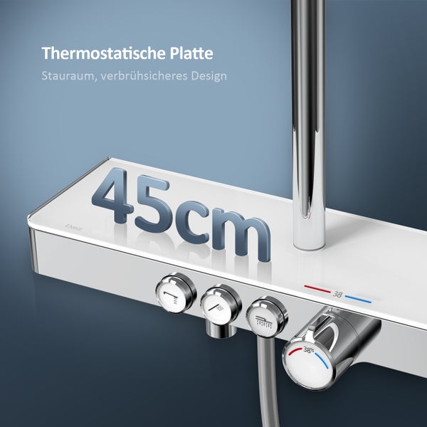 EMKE Duschsystem mit Thermostat 38 °C, Überkopfbrause, Handbrause 3 Strahlarten, unterer Wasserauslass, Verbrühungsschutz, Wandmontage, 114,6×45×48 cm, Chrom