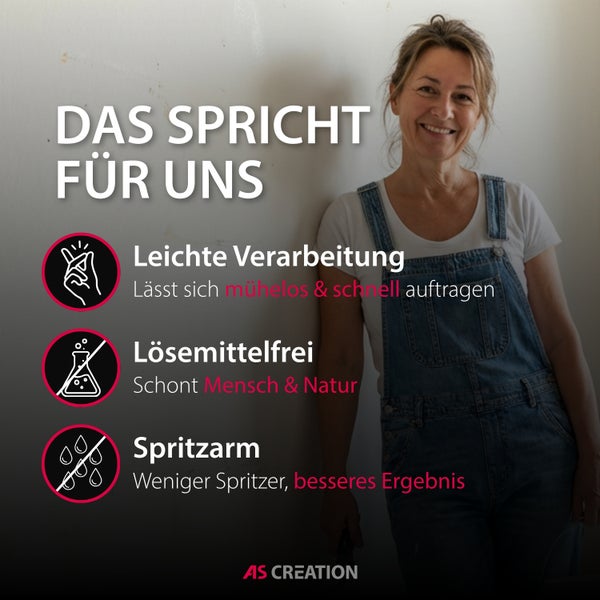 Infografik mit Frau: leichte Verarbeitung, lösemittelfrei und spritzarm. Schont Mensch und Natur. AS Creation Logo.