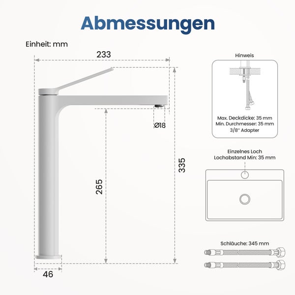 Emke Einhebel-Waschtischarmatur, Badarmaturen, Waschbecken Armatur - Schweizer Design, Minimalistisches Design，3/8 Zoll, Wassersparend, Korrosionsschutz, Warm- & Kaltwasser, Bleifreies Messing, Pflegeleicht -Weiß matt