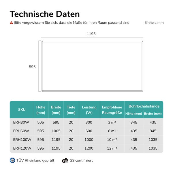 Technische Daten und Maßtabelle für Infrarotheizung mit TÜV Rheinland Zertifizierung und GS Siegel