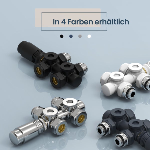 EMKE Heizkörperthermostat Multiblock-Set, mit Thermostat, Eck- & Durchgangsform, φ16/15xG1/2, Chrom