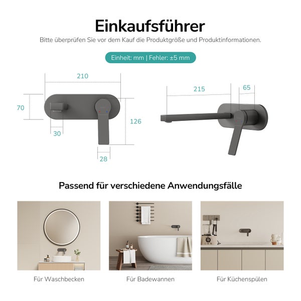 Einkaufsführer mit den Produktabmessungen und Anwendungsbeispielen für Waschbecken, Badewannen und Küchenspülen