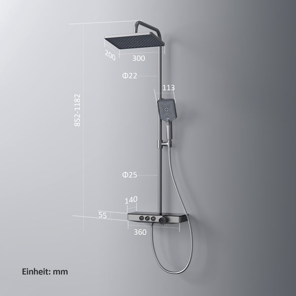 EMKE Duschsystem mit Thermostat Glasablage Handbrause 3 Strahlarten Regendusche, Wasserauslass Verbrühungsschutz Wandmontage KTW-Zertifizierung, Anthrazit Matt