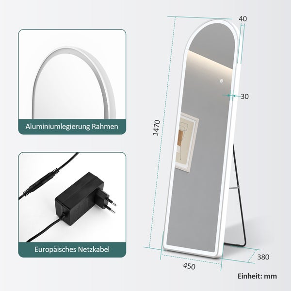 EMKE Bogen Standspiegel Ganzkörperspiegel mit Beleuchtung 3 Lichtfarbe Einstellbar Dimmbar, mit Rahmen aus Aluminiumlegierung für Wohn-,Schlaf-, Aufenthalt und Ankleidezimmer, Weiß, 160x60cm