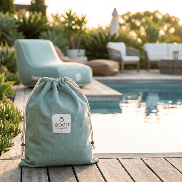 Hellgrüner Kordelzugbeutel mit COCO LOUNGE Logo auf einer Holzterrasse neben einem Pool im Garten mit Loungemöbeln.