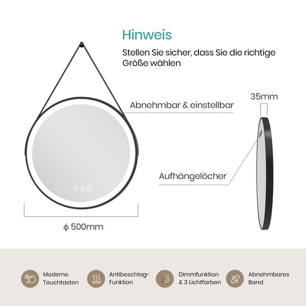 Runder Badezimmerspiegel mit Riemen, Durchmesser 500 Millimeter, Tiefe 35 Millimeter. Mit Touchtasten, Antibeschlag-Funktion und Dimmfunktion.