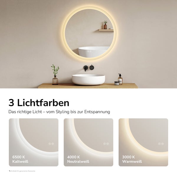Runder Badezimmerspiegel mit LED Beleuchtung und drei einstellbaren Lichtfarben von 3000 bis 6500 Kelvin.