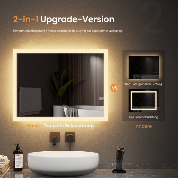 Beleuchteter Spiegel mit Hintergrundbeleuchtung und Frontbeleuchtung in einem Badezimmer